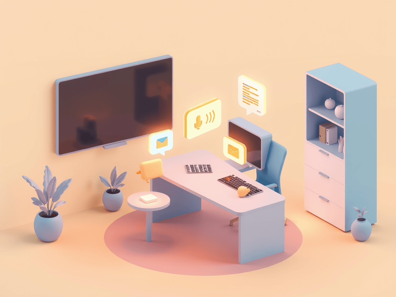 Stylized 3D illustration of a calm operations command center with floating call, chat, and order tickets
