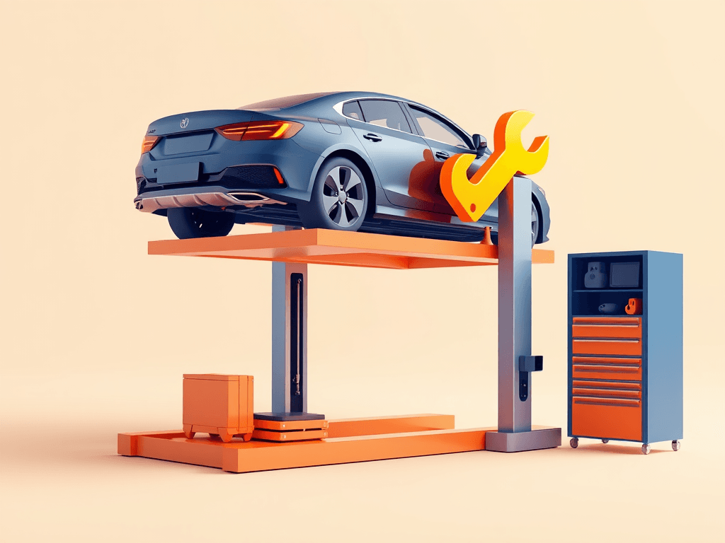 Stylized car on a service lift illustration
