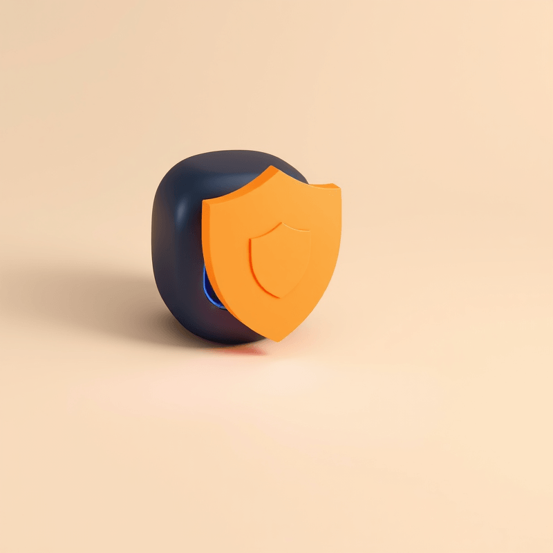 Stylized illustration of a private server unit with a glowing core and a warm-orange shield emblem in front